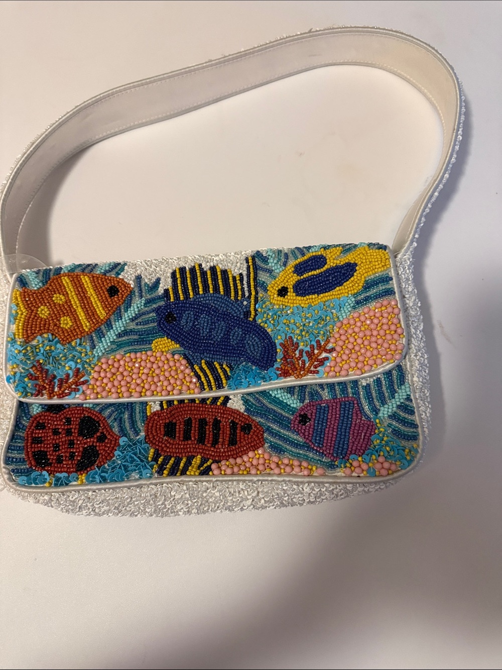 Beaded Tropical Fish Shoulder Bag in White with Multicolor Embroidery